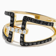 14K Yellow Gold Black and White Diamond Open Geometric Ring