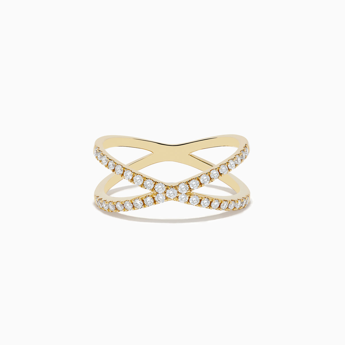 The Doro 14K Yellow Gold Diamond Crossover Ring features an X-shaped design adorned with 0.37 TCW of sparkling diamonds, set against a plain white background.