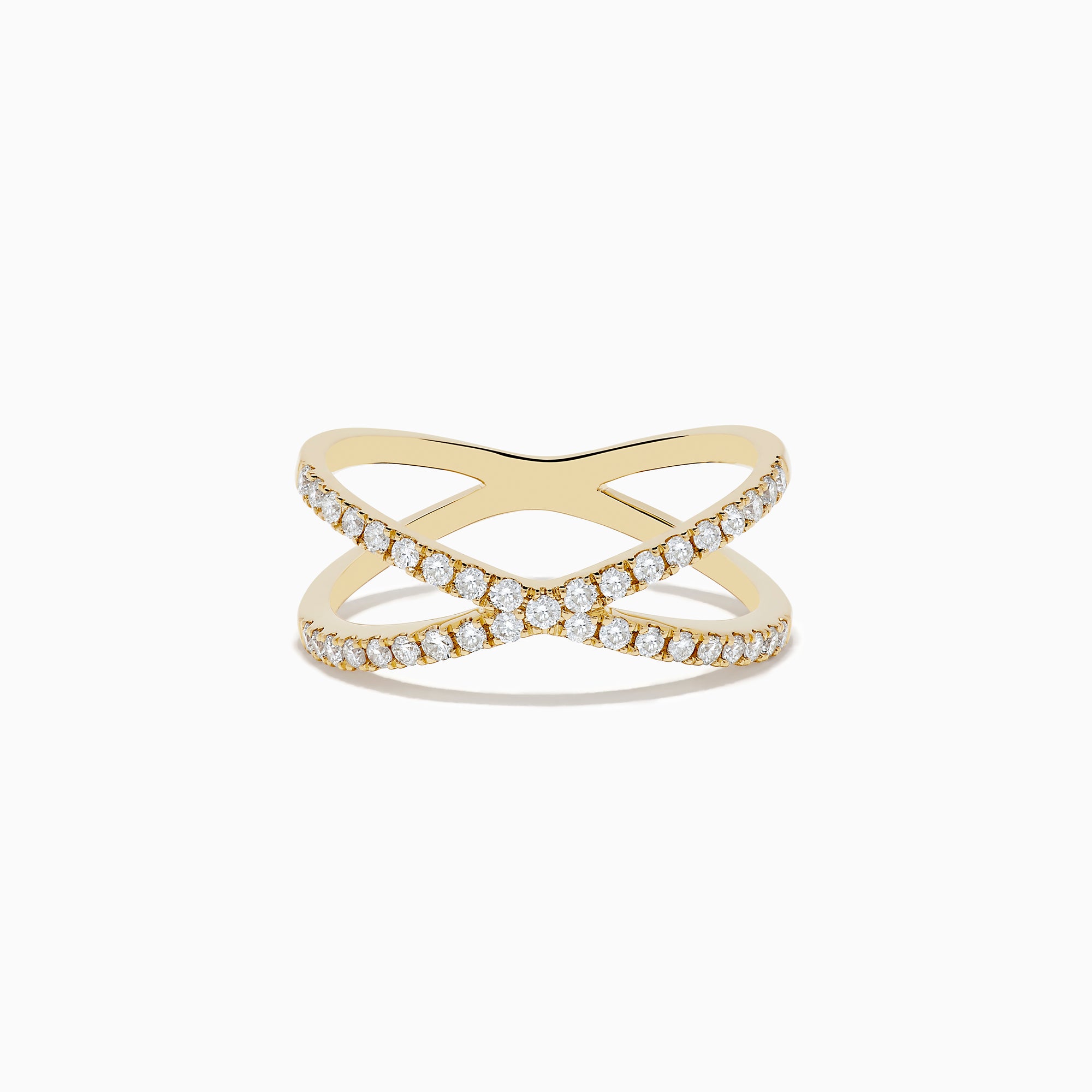 The Doro 14K Yellow Gold Diamond Crossover Ring features an X-shaped design adorned with 0.37 TCW of sparkling diamonds, set against a plain white background.