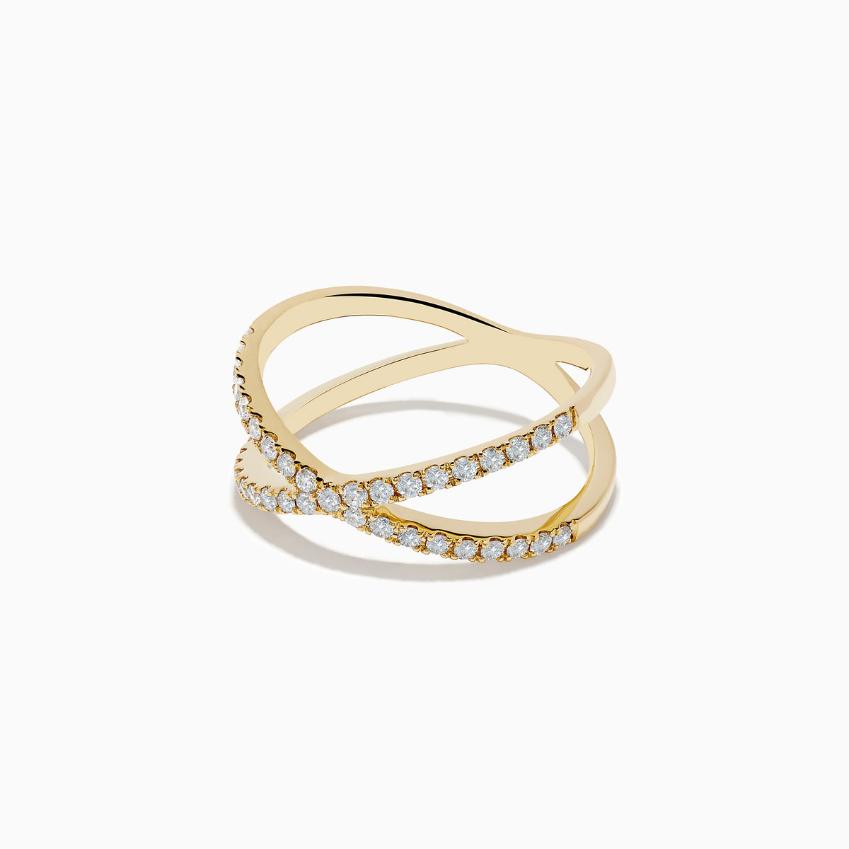 The Doro 14K Yellow Gold Diamond Crossover Ring features an X-shaped design adorned with 0.37 TCW of sparkling diamonds, set against a plain white background.