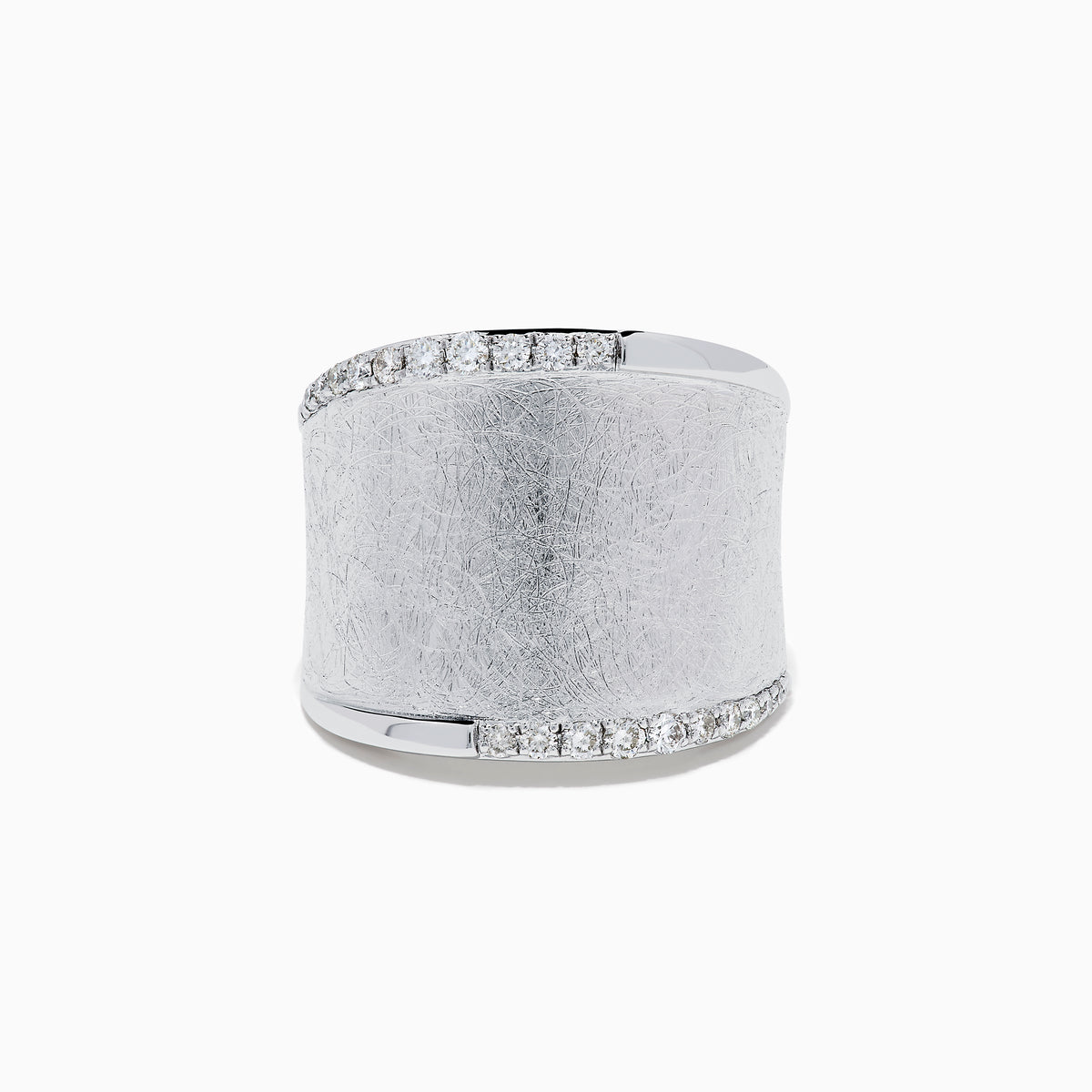 The 925 Sterling Silver Diamond Accented Wide Ring showcases a matte, textured band bordered by curved rows of sparkling diamond accents along its top and bottom edges.