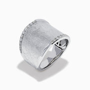 The 925 Sterling Silver Diamond Accented Wide Ring showcases a matte, textured band bordered by curved rows of sparkling diamond accents along its top and bottom edges.