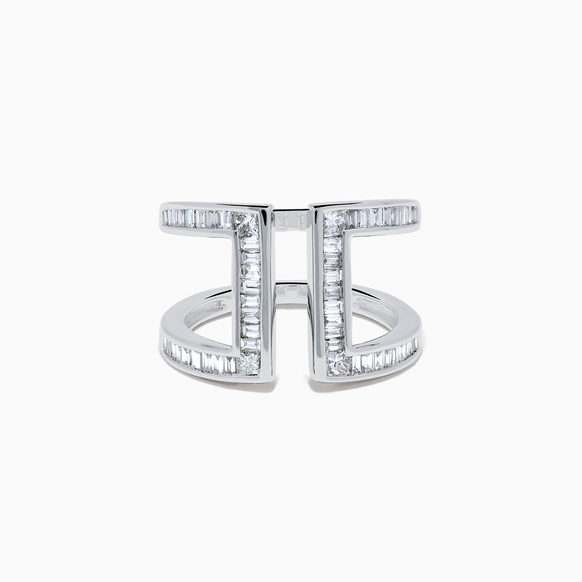 The Classique 14K White Gold Diamond Open Shank Ring features vertical and horizontal lines set with rectangular baguette-cut diamonds in a modern open shank design.