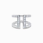 The Classique 14K White Gold Diamond Open Shank Ring features vertical and horizontal lines set with rectangular baguette-cut diamonds in a modern open shank design.