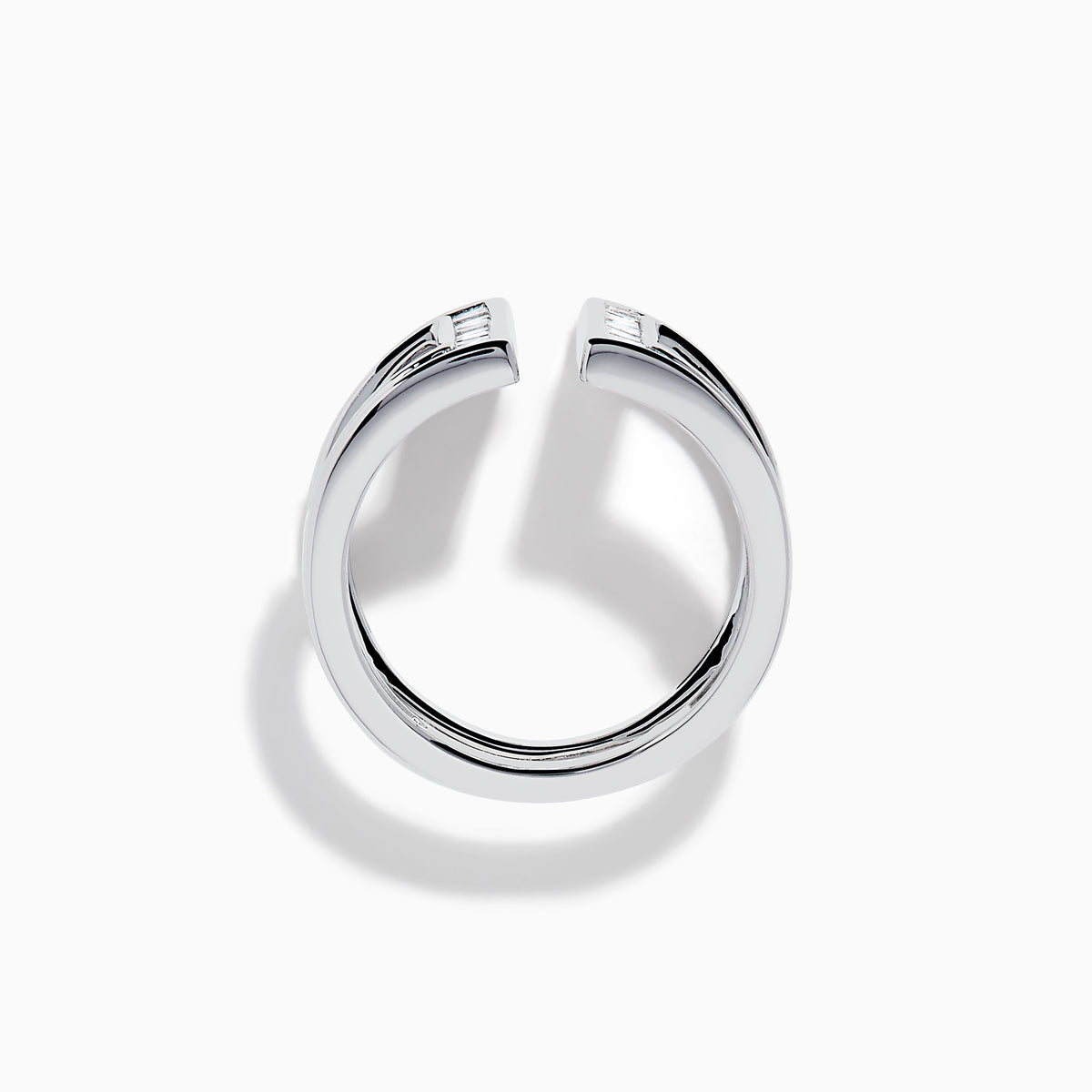 The Classique 14K White Gold Diamond Open Shank Ring features vertical and horizontal lines set with rectangular baguette-cut diamonds in a modern open shank design.