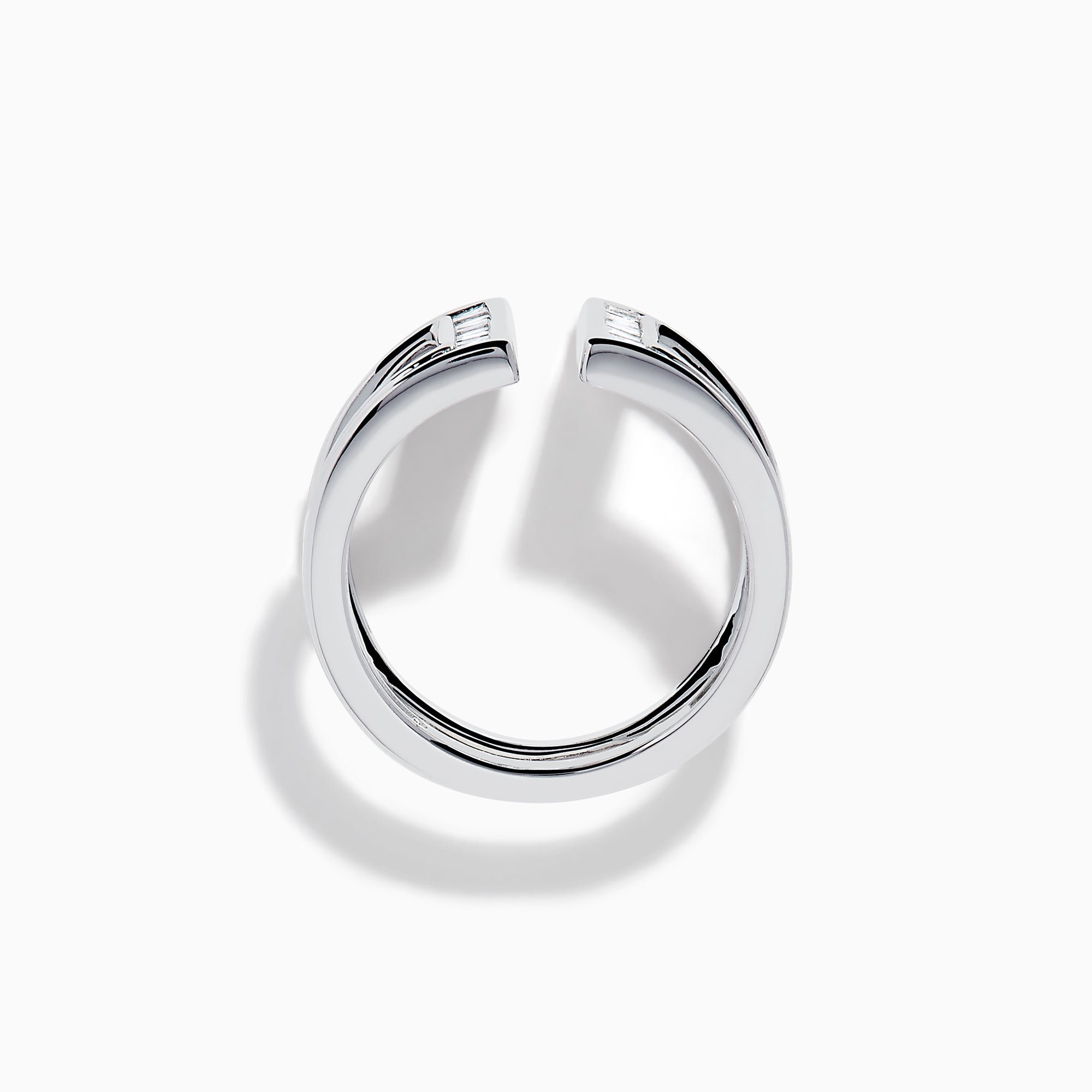 The Classique 14K White Gold Diamond Open Shank Ring features vertical and horizontal lines set with rectangular baguette-cut diamonds in a modern open shank design.