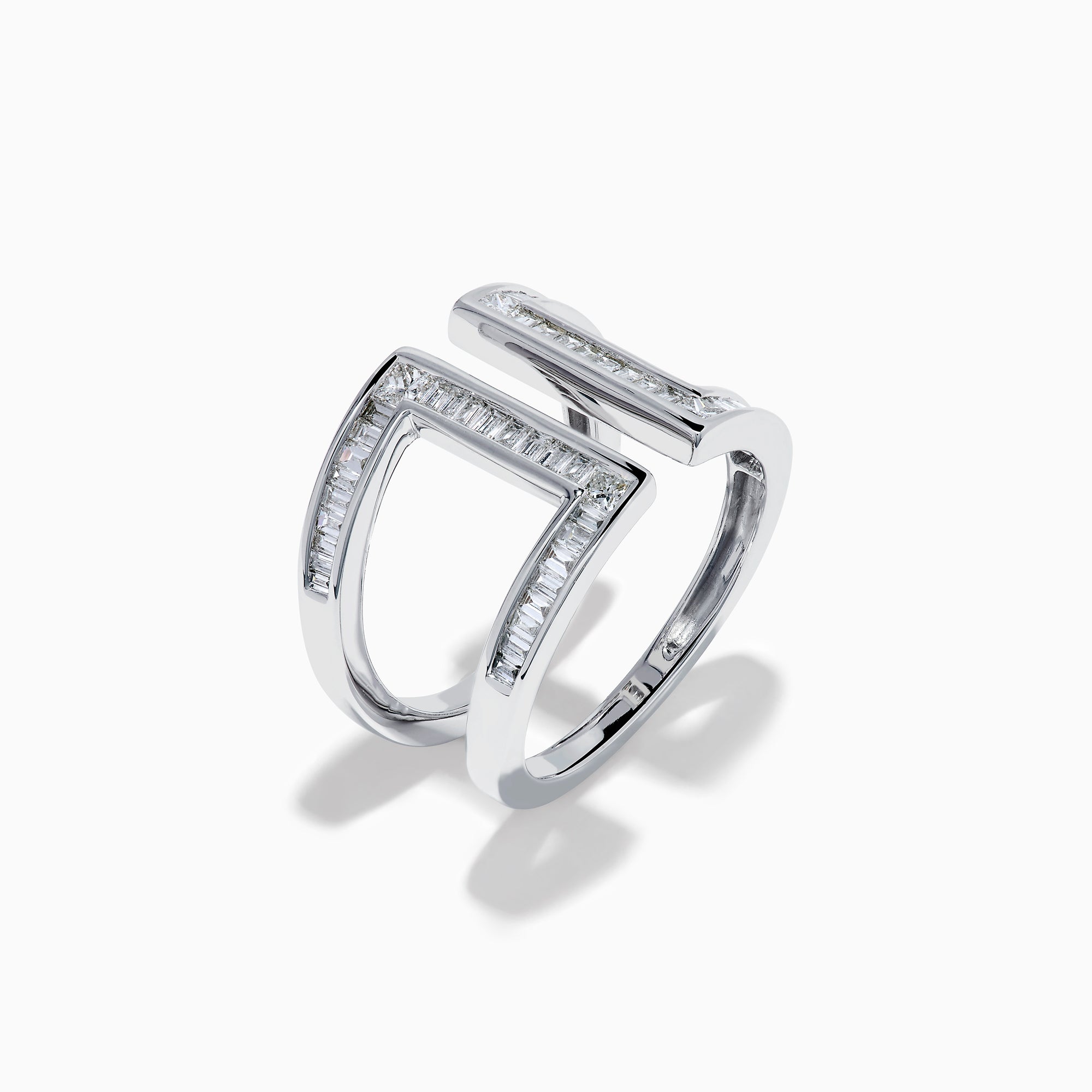 The Classique 14K White Gold Diamond Open Shank Ring features vertical and horizontal lines set with rectangular baguette-cut diamonds in a modern open shank design.