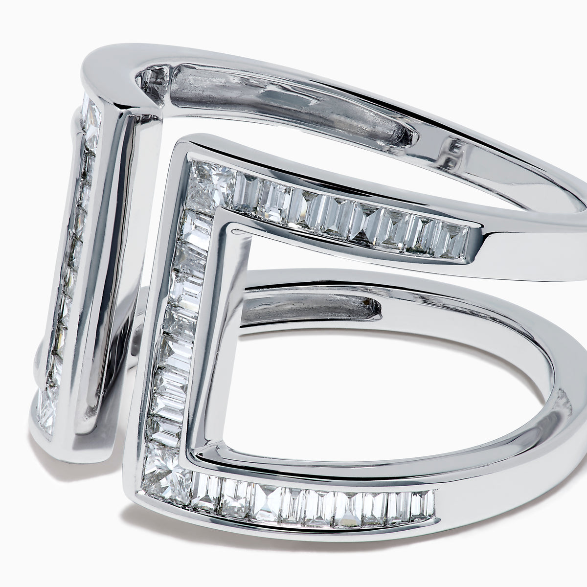 The Classique 14K White Gold Diamond Open Shank Ring features vertical and horizontal lines set with rectangular baguette-cut diamonds in a modern open shank design.
