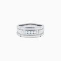 The Men's 14K White Gold Diamond Channel Set Ring showcases a modern geometric design with four small round diamonds set horizontally on the front.
