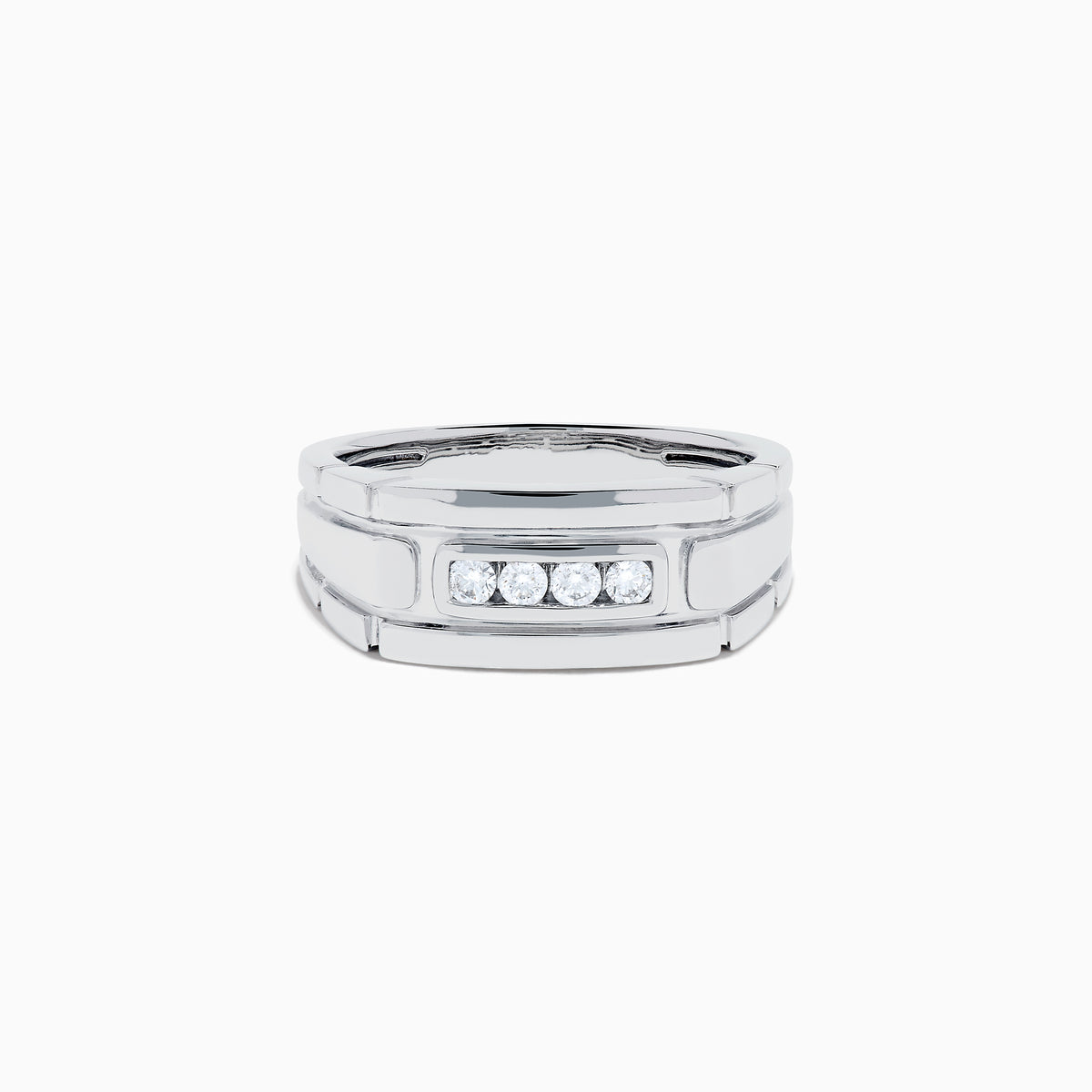 The Men's 14K White Gold Diamond Channel Set Ring showcases a modern geometric design with four small round diamonds set horizontally on the front.