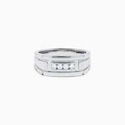 The Men's 14K White Gold Diamond Channel Set Ring showcases a modern geometric design with four small round diamonds set horizontally on the front.