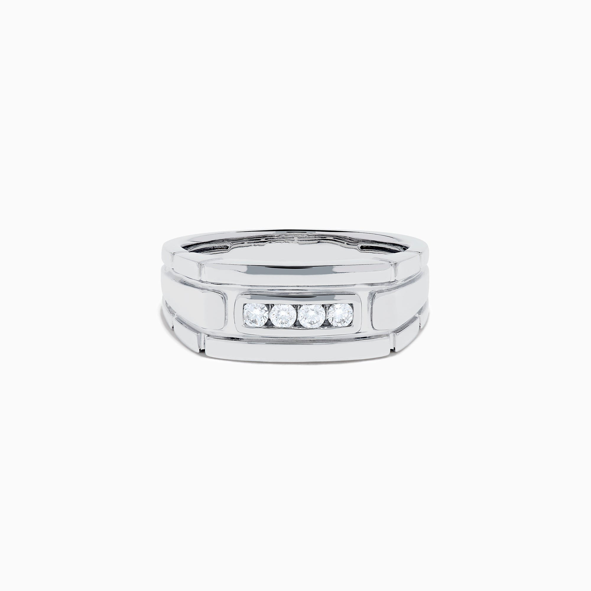 The Men's 14K White Gold Diamond Channel Set Ring showcases a modern geometric design with four small round diamonds set horizontally on the front.