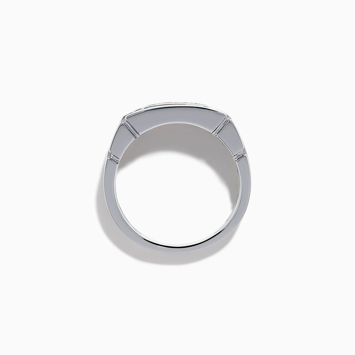 The Men's 14K White Gold Diamond Channel Set Ring showcases a modern geometric design with four small round diamonds set horizontally on the front.
