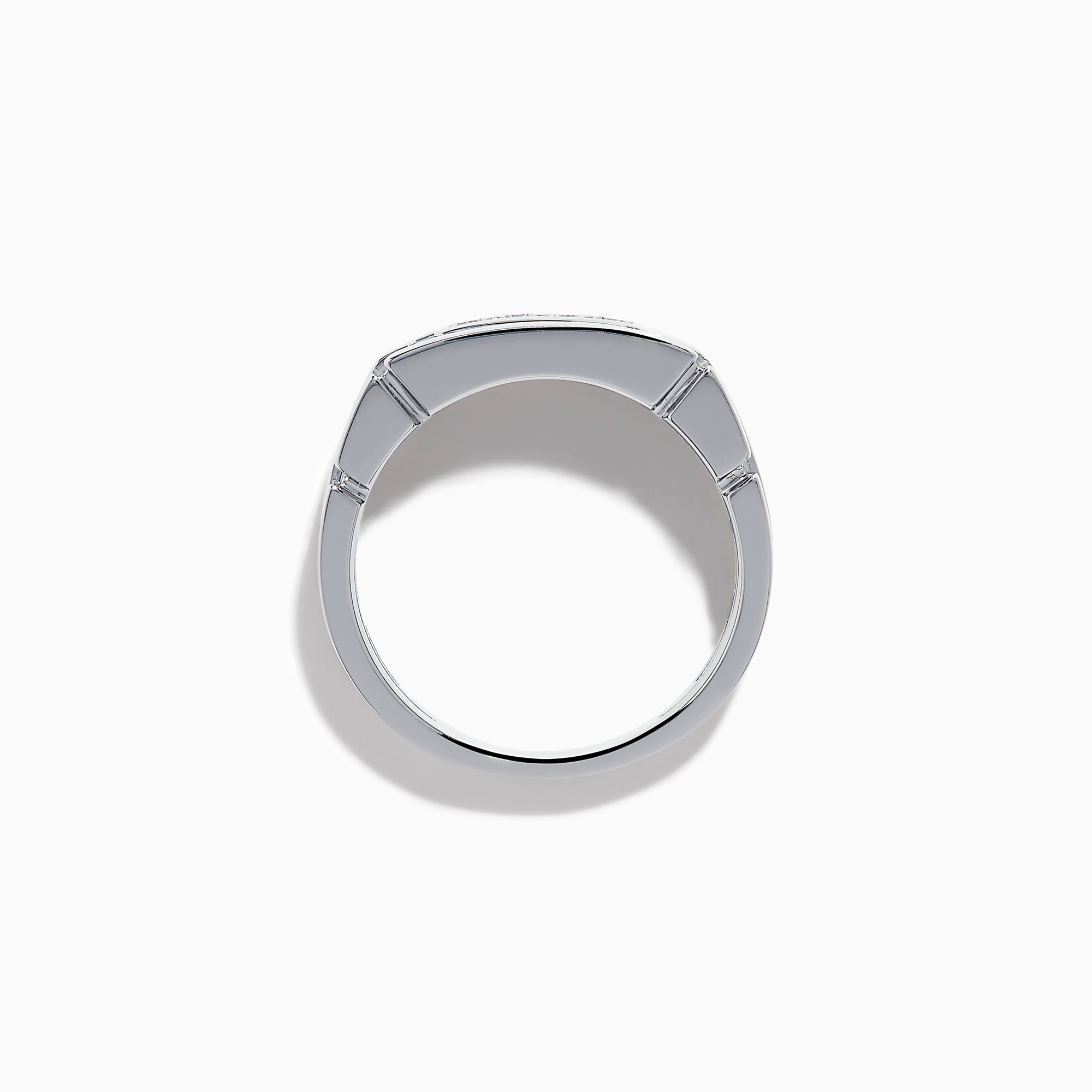 The Men's 14K White Gold Diamond Channel Set Ring showcases a modern geometric design with four small round diamonds set horizontally on the front.