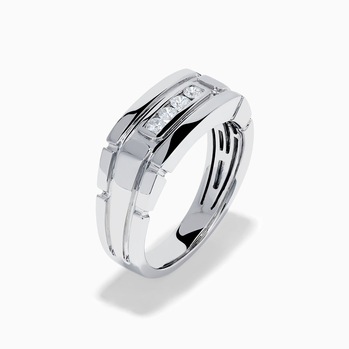 The Men's 14K White Gold Diamond Channel Set Ring showcases a modern geometric design with four small round diamonds set horizontally on the front.