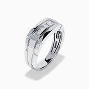 The Men's 14K White Gold Diamond Channel Set Ring showcases a modern geometric design with four small round diamonds set horizontally on the front.