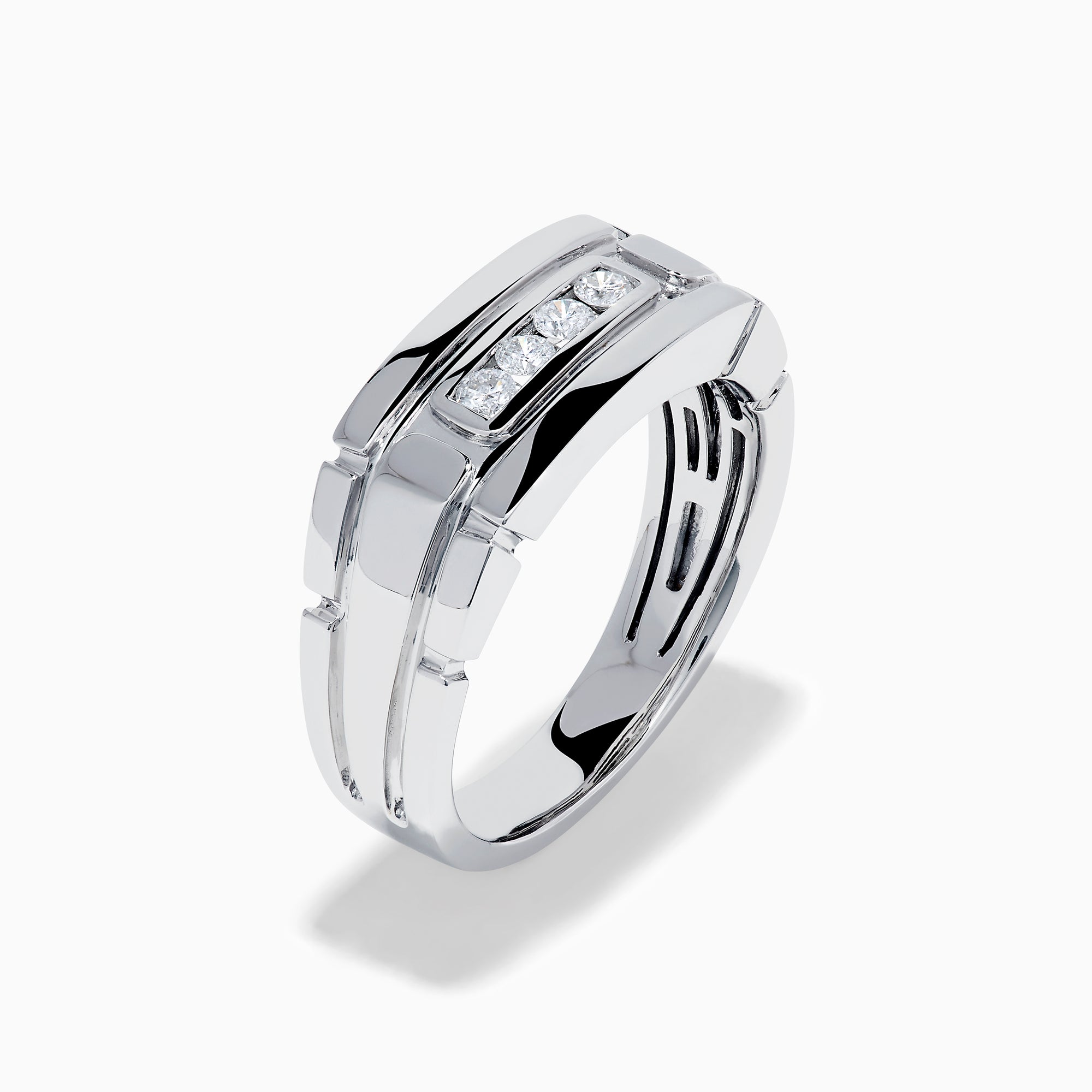The Men's 14K White Gold Diamond Channel Set Ring showcases a modern geometric design with four small round diamonds set horizontally on the front.