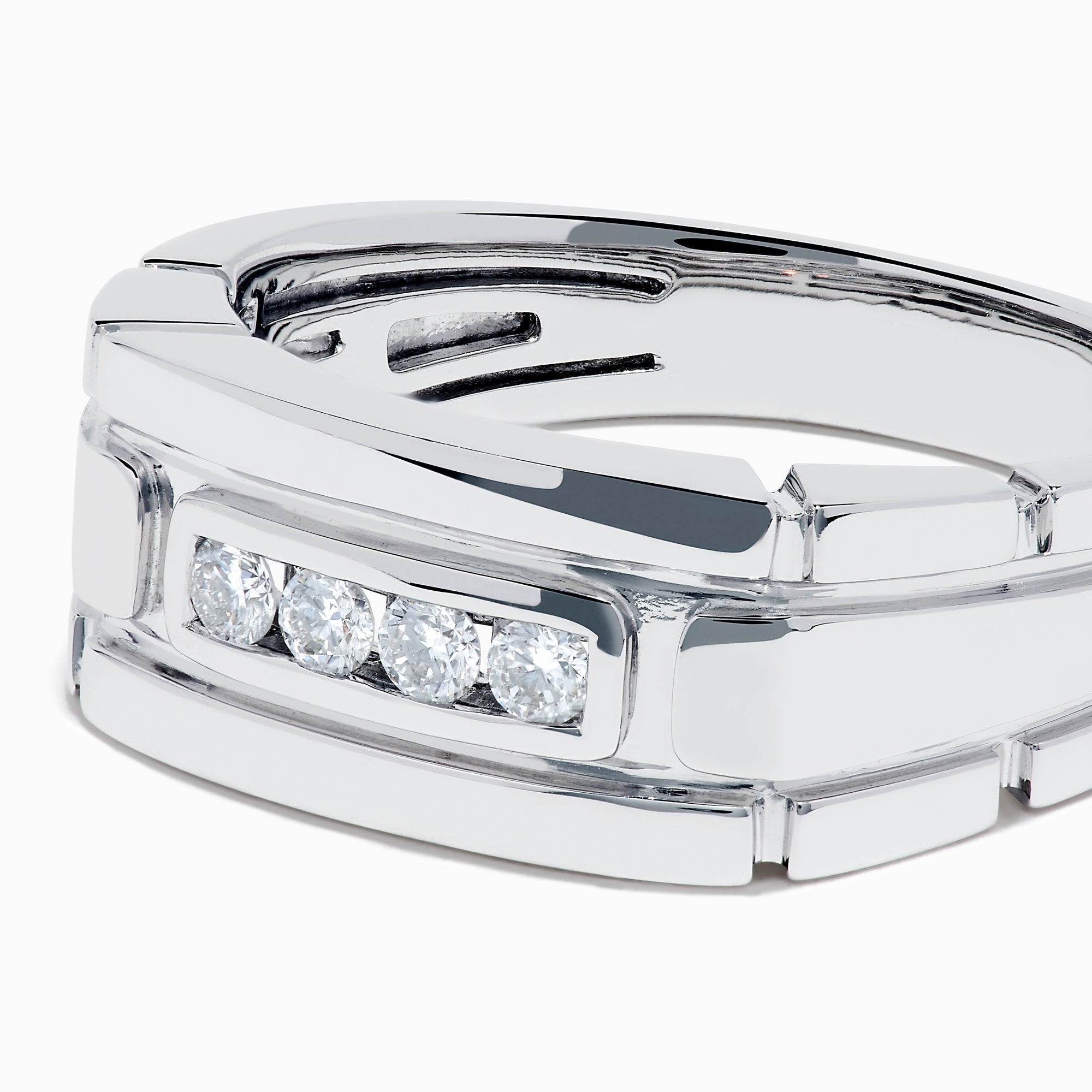 The Men's 14K White Gold Diamond Channel Set Ring showcases a modern geometric design with four small round diamonds set horizontally on the front.