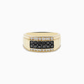 The Mens 14K Yellow Gold White and Black Diamond Ring features a rectangular center, two rows of black diamonds bordered by white diamonds, all set in polished yellow gold against a plain white background.