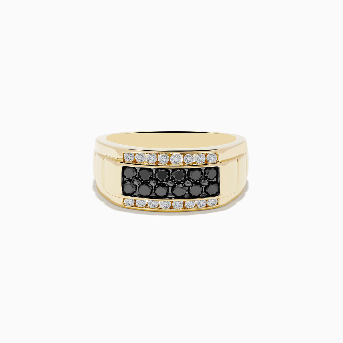 The Mens 14K Yellow Gold White and Black Diamond Ring features a rectangular center, two rows of black diamonds bordered by white diamonds, all set in polished yellow gold against a plain white background.