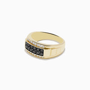 The Mens 14K Yellow Gold White and Black Diamond Ring features a rectangular center, two rows of black diamonds bordered by white diamonds, all set in polished yellow gold against a plain white background.
