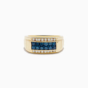 The Mens 14K Yellow Gold Blue and White Diamond Ring features a rectangular center, two rows of white diamonds, and a striking blue gemstone row—a bold choice for a distinctive look.
