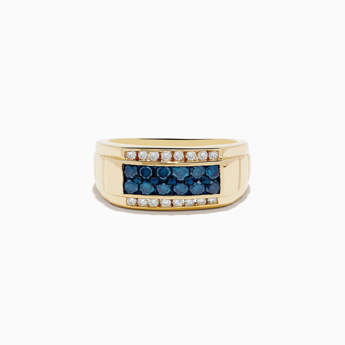 The Mens 14K Yellow Gold Blue and White Diamond Ring features a rectangular center, two rows of white diamonds, and a striking blue gemstone row—a bold choice for a distinctive look.
