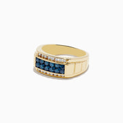 The Mens 14K Yellow Gold Blue and White Diamond Ring features a rectangular center, two rows of white diamonds, and a striking blue gemstone row—a bold choice for a distinctive look.