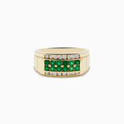 The Mens Brasilica 14K Yellow Gold Emerald and Diamond Ring features two rows of white diamonds and a central row of round green emeralds, shown on a plain white background.