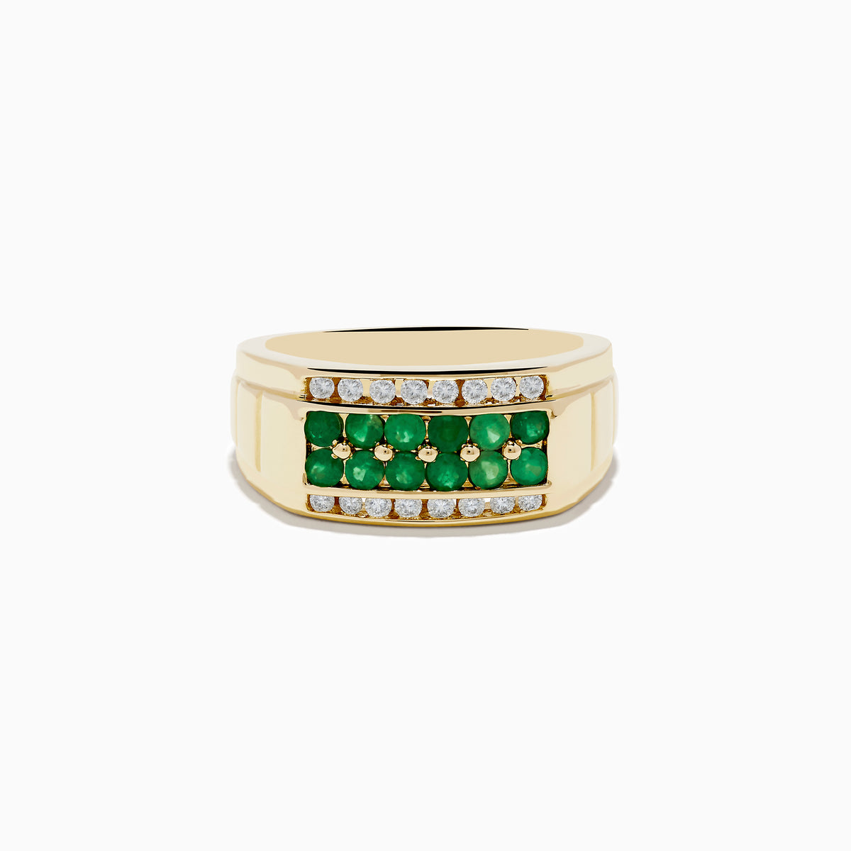 The Mens Brasilica 14K Yellow Gold Emerald and Diamond Ring features two rows of white diamonds and a central row of round green emeralds, shown on a plain white background.