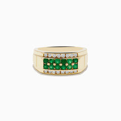 The Mens Brasilica 14K Yellow Gold Emerald and Diamond Ring features two rows of white diamonds and a central row of round green emeralds, shown on a plain white background.