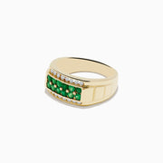 The Mens Brasilica 14K Yellow Gold Emerald and Diamond Ring features two rows of white diamonds and a central row of round green emeralds, shown on a plain white background.