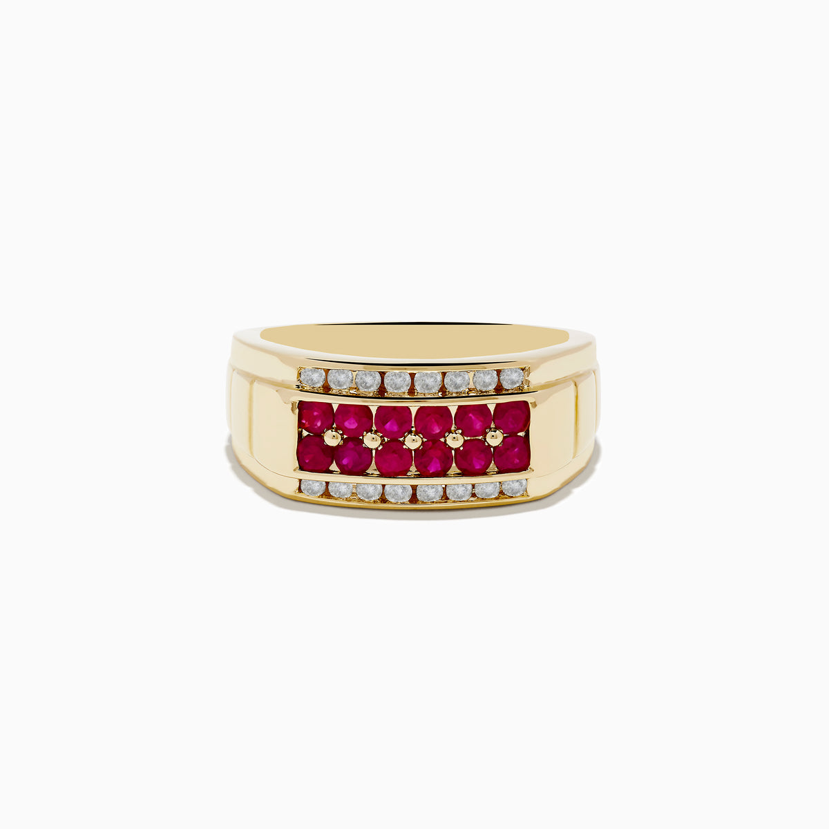 The Mens Ruby Royale 14K Yellow Gold Ruby and Diamond Ring features a central row of rubies bordered by two rows of clear diamonds, shown on a plain white background.