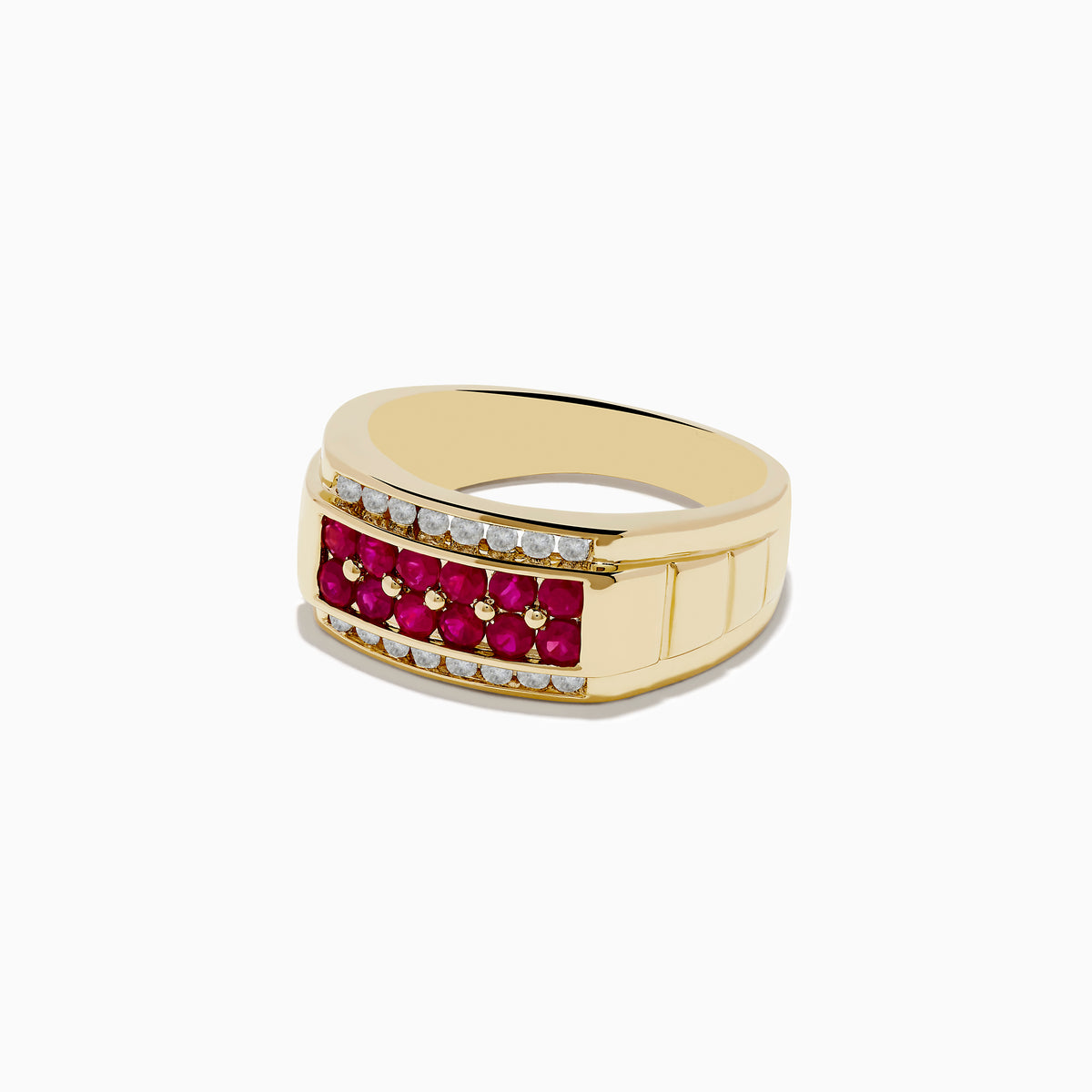 The Mens Ruby Royale 14K Yellow Gold Ruby and Diamond Ring features a central row of rubies bordered by two rows of clear diamonds, shown on a plain white background.