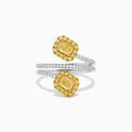 The 18K Two-Tone Gold Yellow and White Diamond Wrap Bypass Ring features two rectangular yellow stones bordered by smaller yellow gems on a spiral band, accented with sparkling white diamonds.