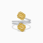 The 18K Two-Tone Gold Yellow and White Diamond Wrap Bypass Ring features two rectangular yellow stones bordered by smaller yellow gems on a spiral band, accented with sparkling white diamonds.