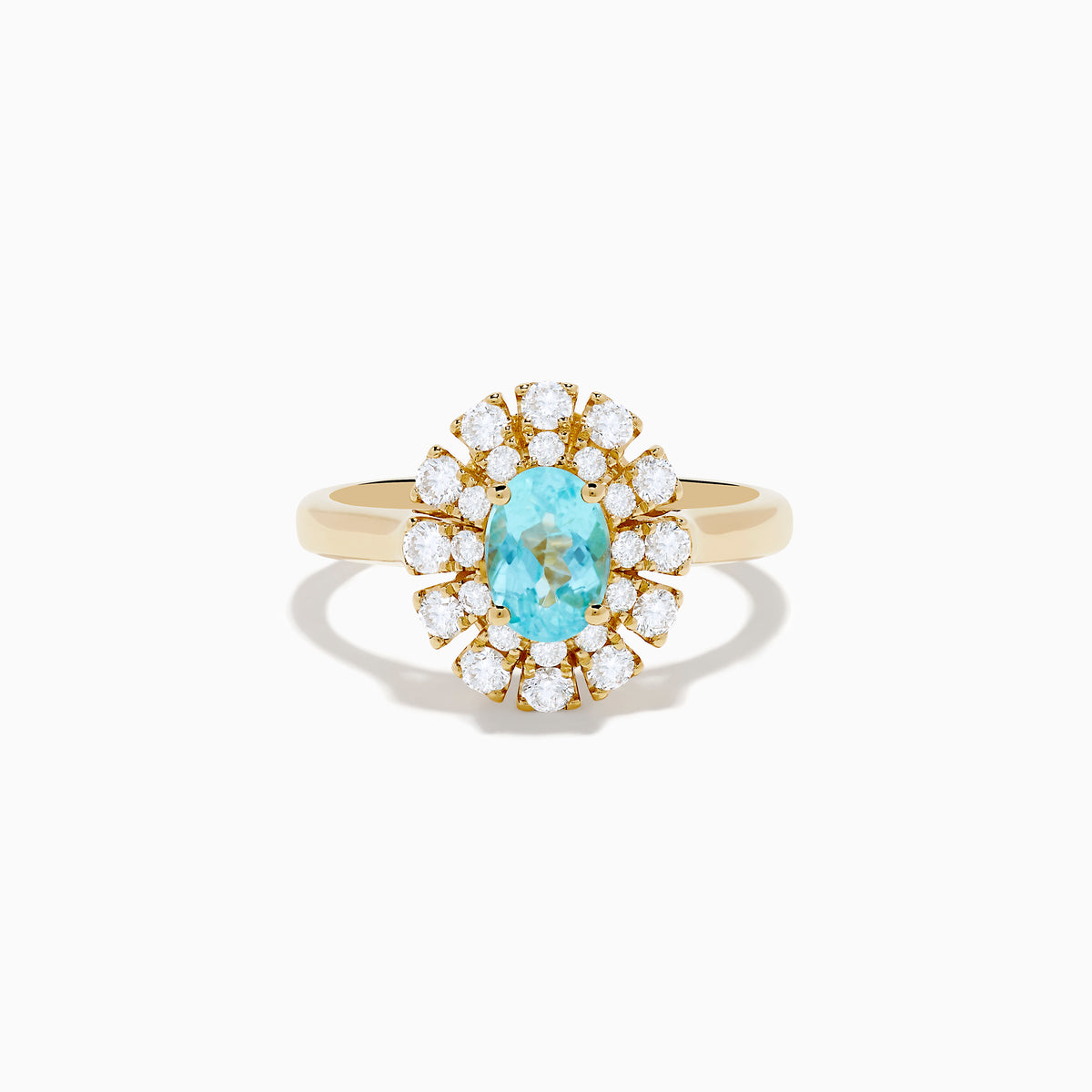 The 18K Yellow Gold Paraiba and Diamond Ring features an oval Paraiba gemstone at the center, encircled by a double halo of round diamonds, all showcased on a plain white background.