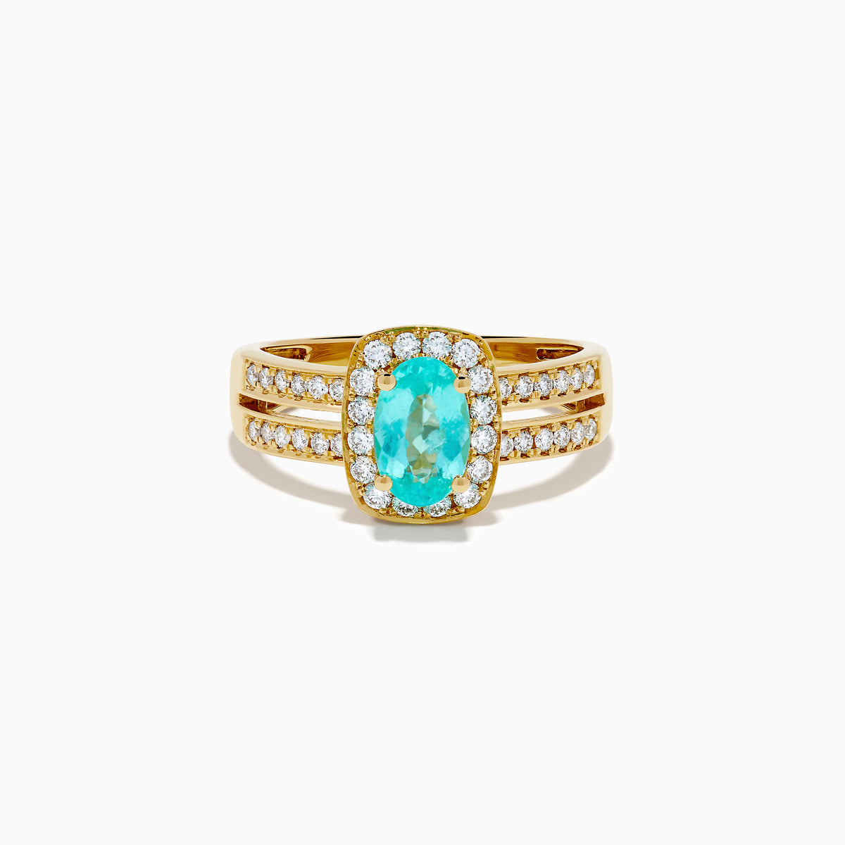 The 18K Yellow Gold Paraiba and Diamond Halo Ring showcases a central oval Paraiba turquoise, surrounded by a diamond halo and additional diamonds on the split shank band, all set in yellow gold and shown against a white background.