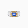 The Mens 14K White and Yellow Gold Tanzanite and Diamond Ring features a rectangular tanzanite center stone with a border of small round diamonds, set in a stylish two-tone gold design.