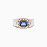 The Mens 14K White and Yellow Gold Tanzanite and Diamond Ring features a rectangular tanzanite center stone with a border of small round diamonds, set in a stylish two-tone gold design.