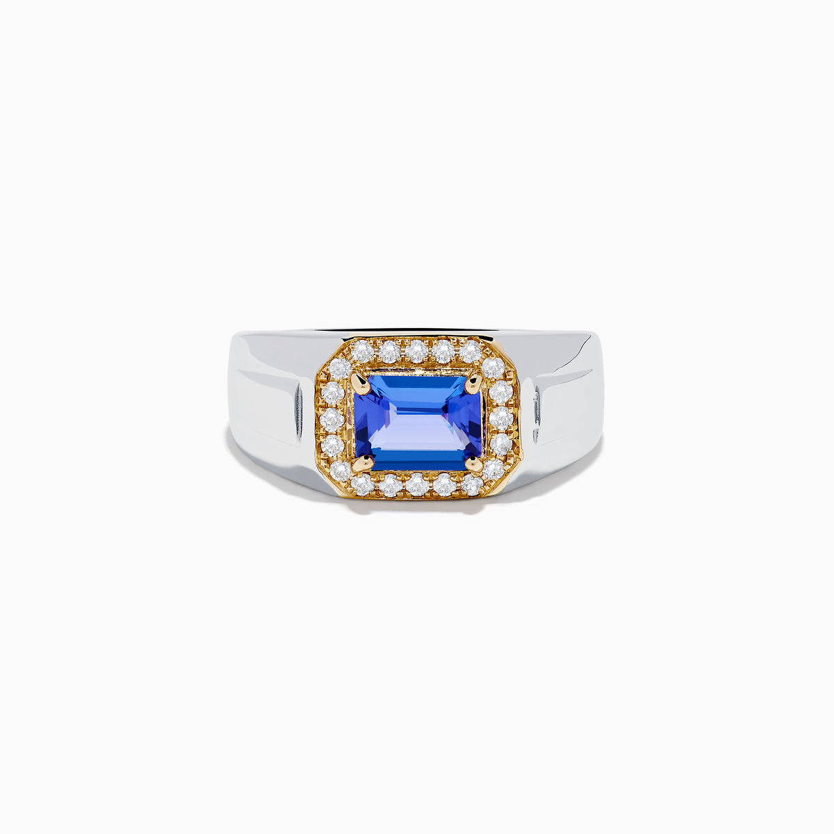 The Mens 14K White and Yellow Gold Tanzanite and Diamond Ring features a rectangular tanzanite center stone with a border of small round diamonds, set in a stylish two-tone gold design.