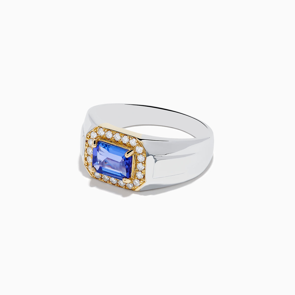 The Mens 14K White and Yellow Gold Tanzanite and Diamond Ring features a rectangular tanzanite center stone with a border of small round diamonds, set in a stylish two-tone gold design.