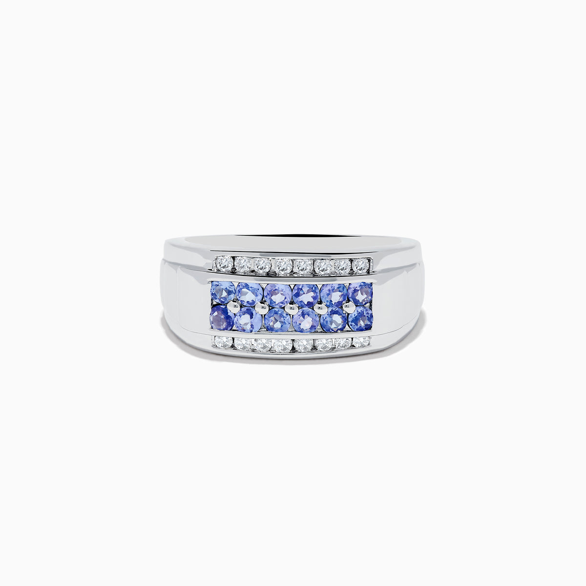 The Mens 925 Sterling Silver Tanzanite and Diamond Ring features a central row of round tanzanite gemstones accented by two rows of sparkling diamonds, all set in a wide, polished sterling silver band.