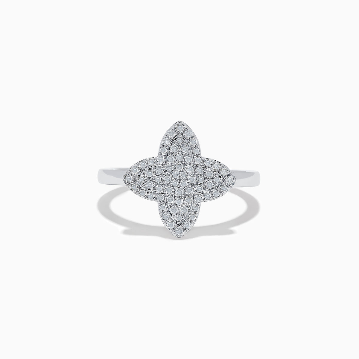 The Novelty 14K White Gold Diamond Clover Ring features a four-petal flower design adorned with diamonds, set in 14K white gold and shown on a plain white background.