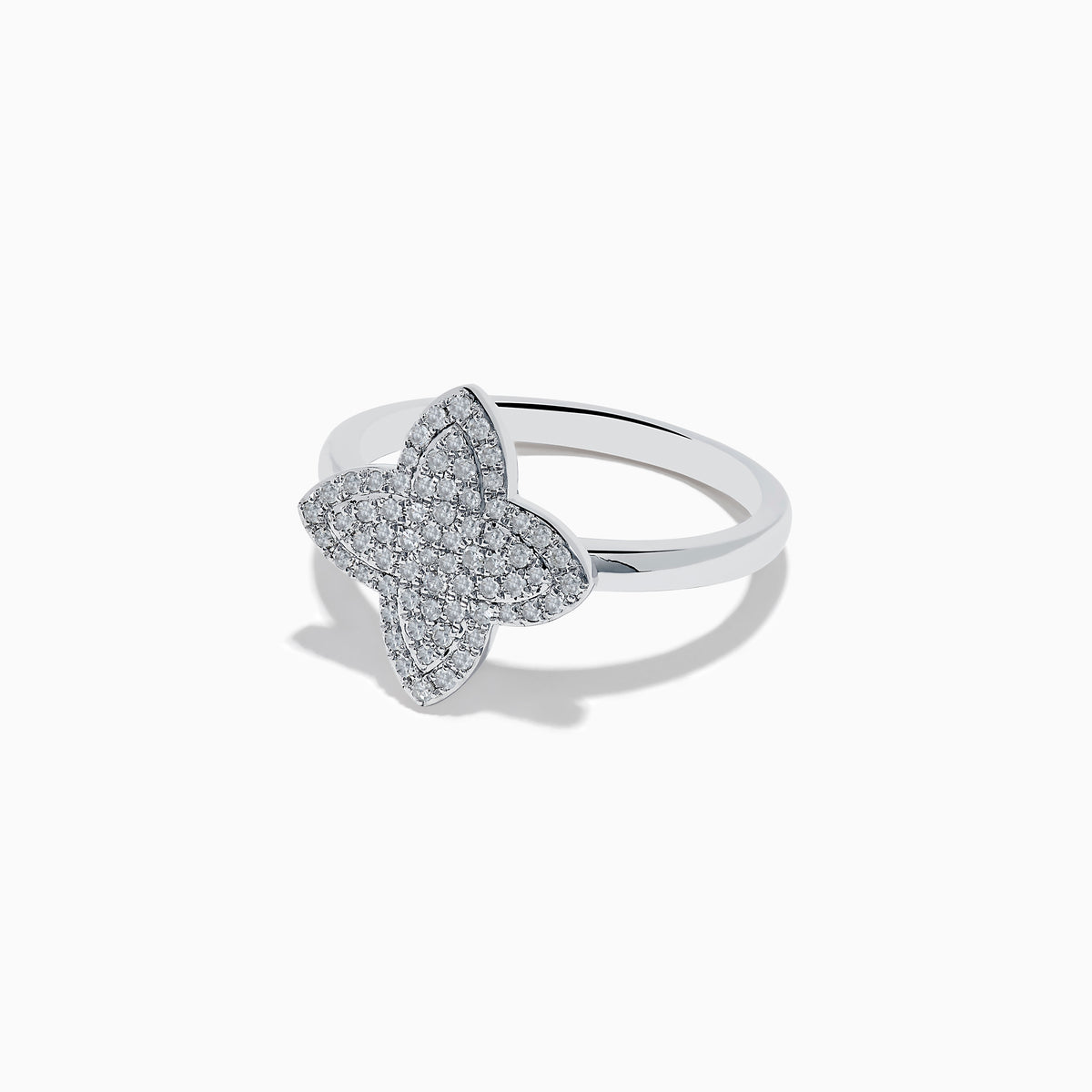 The Novelty 14K White Gold Diamond Clover Ring features a four-petal flower design adorned with diamonds, set in 14K white gold and shown on a plain white background.