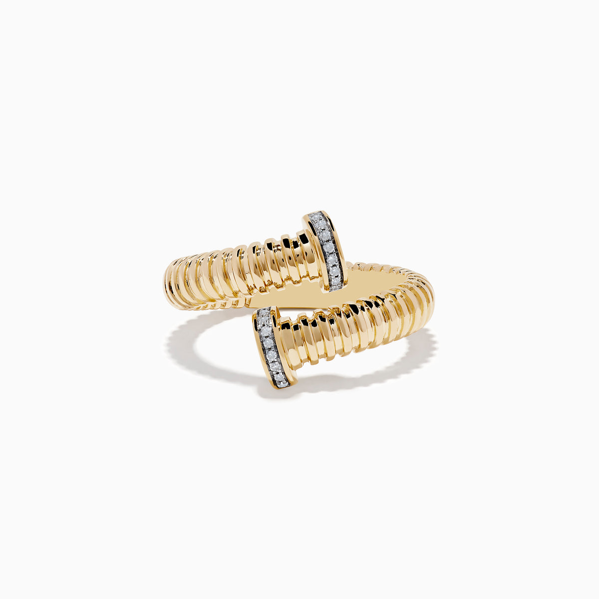 The DOro 14K Yellow Gold Diamond Bypass Ring features a ribbed, coiled design with open ends capped by small vertically set diamonds, shown on a plain white background.