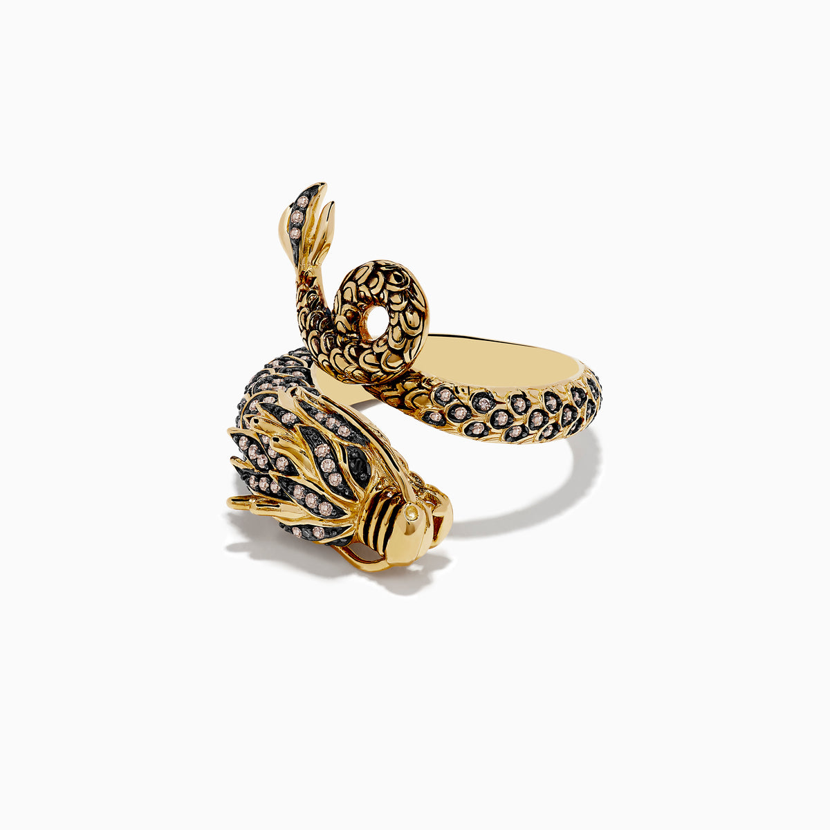 The Safari 14K Yellow Gold Brown Diamond Dragon Ring features intricate detailing with brown diamonds and clear gemstones along its body and head, shown against a white background.