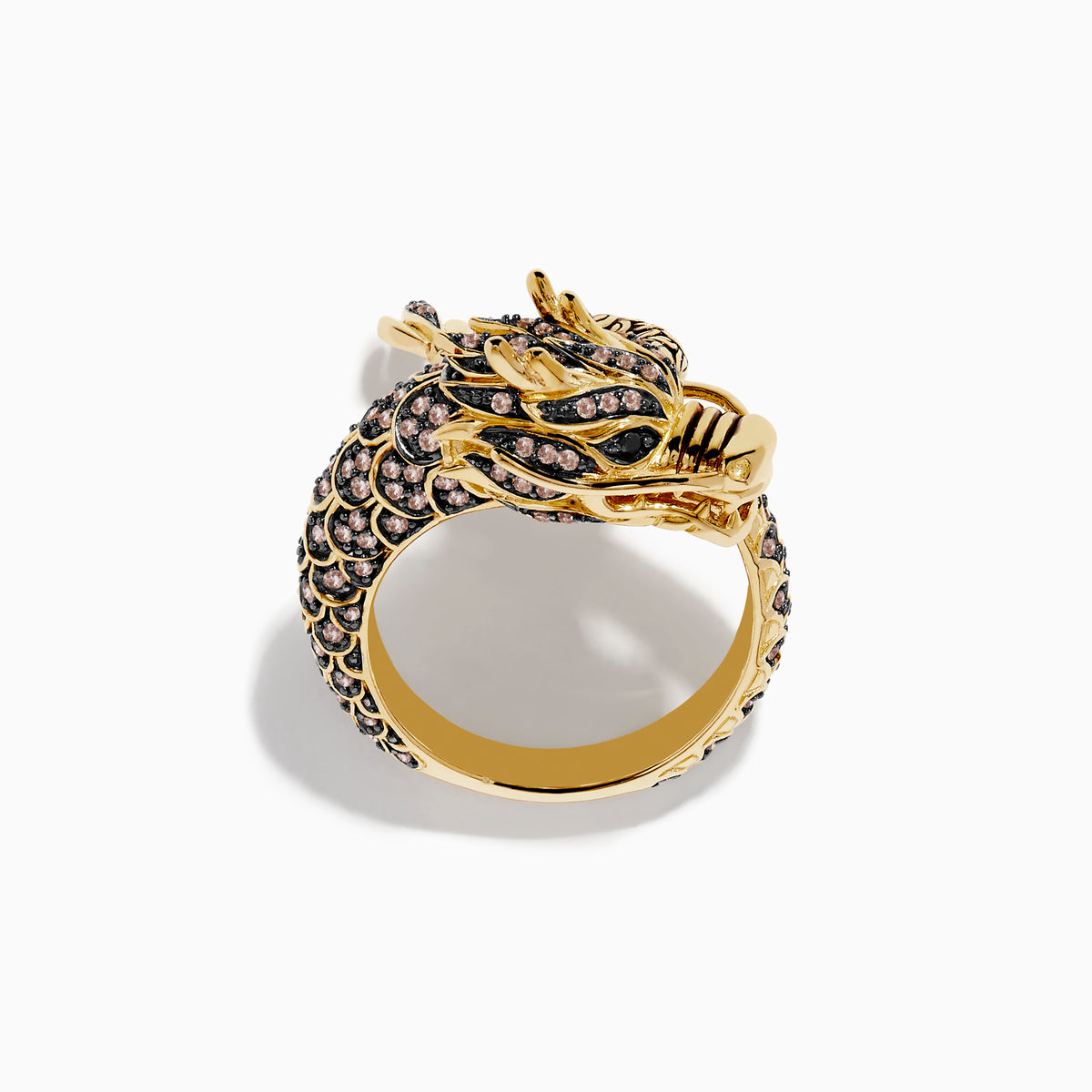 The Safari 14K Yellow Gold Brown Diamond Dragon Ring features intricate detailing with brown diamonds and clear gemstones along its body and head, shown against a white background.
