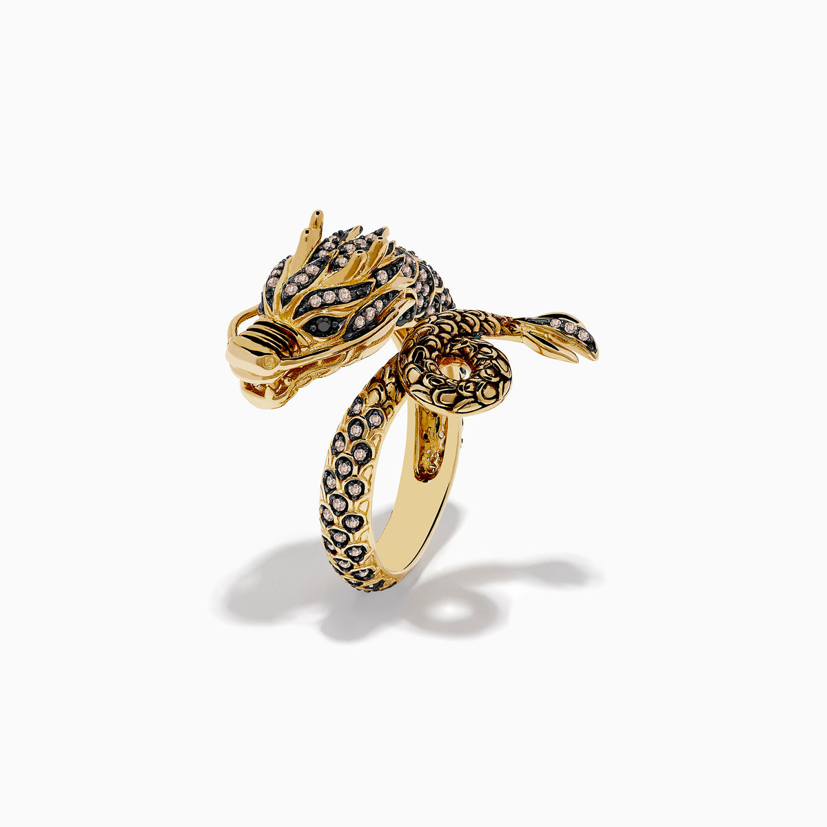 The Safari 14K Yellow Gold Brown Diamond Dragon Ring features intricate detailing with brown diamonds and clear gemstones along its body and head, shown against a white background.