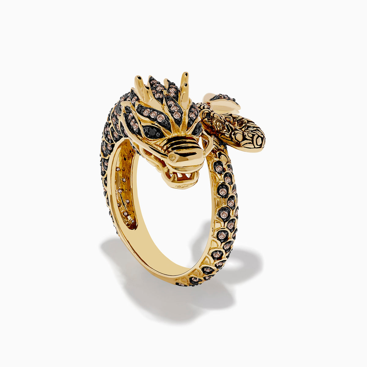 The Safari 14K Yellow Gold Brown Diamond Dragon Ring features intricate detailing with brown diamonds and clear gemstones along its body and head, shown against a white background.